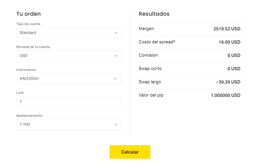 Ejemplo de uso de la calculadora de operaciones de Exness.使用 Exness 交易計算器的範例。