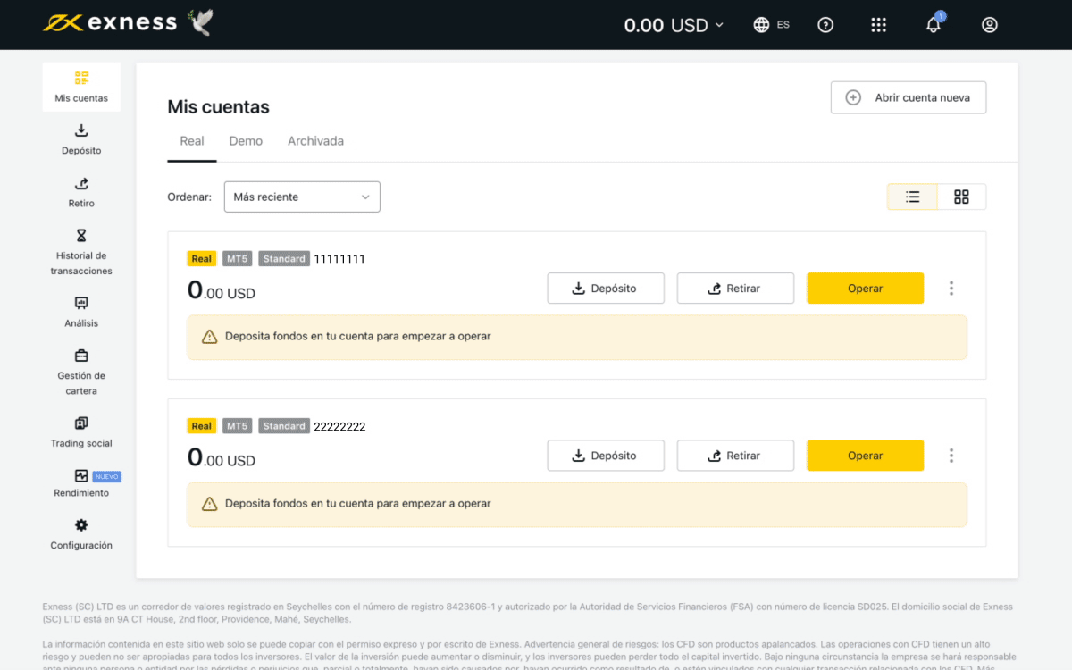 Hacer depósitos en Exness.在 Exness 進行存款。