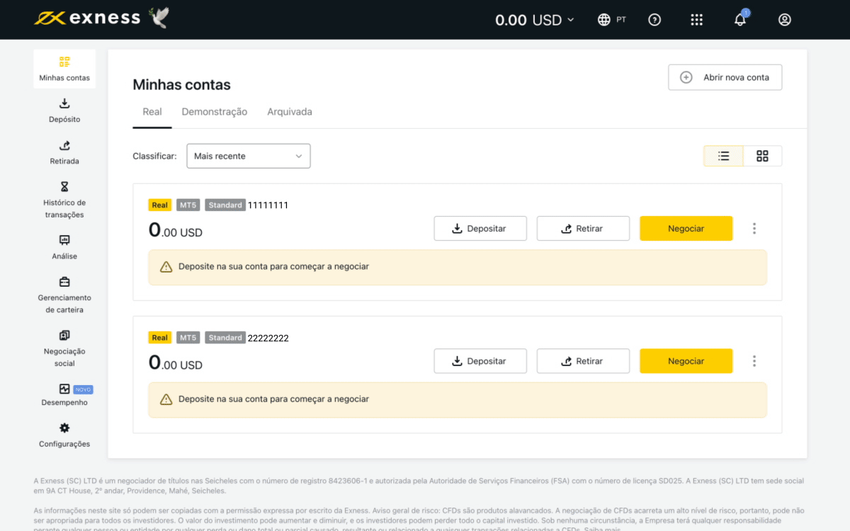 Fazer depósitos na Exness.向 Exness 存款。